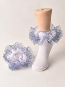 1 par de calcetines de niña con volantes y ribete a cuadros, calcetines de estilo princesa para bebé - Azul - Ver 10