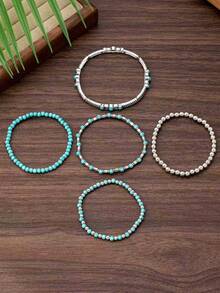 5件套西部牛仔风格复古仿绿松石串珠弹力手链套装，适合男女日常佩戴 - 暗紋手鍊套裝 - 查看 4