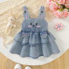 1pc Baby Girl Casual Cute Rabbit Embroidery Denim Bib Dress, Light Blue, Spring/Summer/Autumn - Blue - View 9