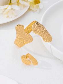 1 Set Creative Asymmetric Hammered Texture Bangle & Ring Jewelry Set, Fashionable European & American Style Accessories For Women - Yellow Gold - View 2