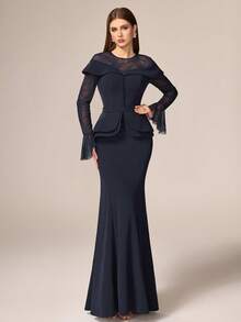 VIPGIRL Đầm maxi dáng đuôi cá sang trọng, thanh lịch dành cho nữ, được trang trí bằng ren tương phản và tay áo loe, hoàn hảo cho các dịp trang trọng, ngày Valentine, đám cưới, tiệc mùa xuân. - Màu xanh hải quân - Xem 1