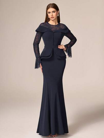 VIPGIRL Elegant Luxury Women's Knitted Maxi Mermaid Dress, Decorated With Contrast Lace And Bell Sleeves, Perfect For Formal Occasions, Valentine's Day