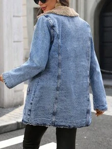 Happy Girl 秋冬百搭时尚休闲商务牛仔中长款翻领夹克，保暖防风 - 藍色 - 查看 9