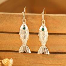 Minimalist Fashion Women's Pendant Earrings, Personalized Small Fish Pendant With Carved Scaled Pattern And Synthetic Gemstone Inlay, Fashionable Women's Jewelry, Holiday & Anniversary Gift - Gold - View 7