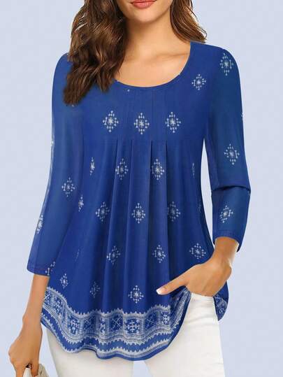 CheersLife Women's 3/4 Sleeve Cinched Waist Top, Casual Loose Printed Blouse, Layered Ruffle Mesh Shirt Spring