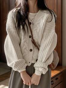 JIANHU 秋冬季女士復古粗針織針織外套-前鈕式，長袖，情人節及更多場合的完美穿搭 - 米色 - 查看 3