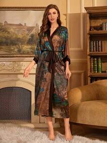 Japanese-Style Landscape Print Mid-Length 3/4 Sleeve Kimono Cover Up Lightweight Jacket, Elegant Streetwear Casual Cover-Up, Suitable For Beach, Travel, Vacation, Robe, Bathrobe, Sash