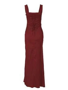 Vestido longo feminino liso com fenda lateral e amarração nas costas, ombro de fora, colado ao corpo, elegante, sexy, para festa, baile de noite - Borgonha - Ver 2