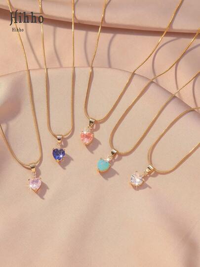 Hihho 1件装高级黄金心形项链 - 立方氧化锆彩色心形吊坠，闪亮蛇形链饰品，时尚日常佩戴，女士之选