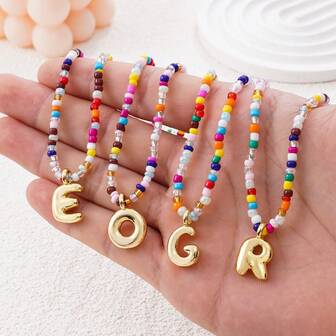 波西米亚风不锈钢字母吊坠项链 DIY名字仿珍珠串珠项链 女士珍珠颈链