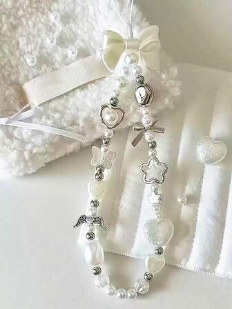 1 pieza/Cadena de teléfono móvil con flor de acrílico, lazo, cuentas de cristal, adecuada para cadena de cámara CCD, llavero, cadena de bolso, cadena colgante de teléfono móvil