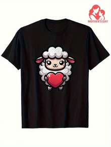 T-shirt de la Saint-Valentin à motif mouton - Joli motif d'agneau et de cœur, 100% coton, col rond, manches courtes, lavable en machine, cadeau parfait pour les hommes, les pères, les mères et les amis, noir, tailles S à XXXL, vêtement décontracté, T-shirt à motif vif avec une finition brillante. - Noir - Voir 6