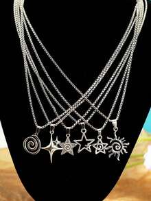Bộ 6 chiếc/Bộ dây chuyền thép không gỉ hình ngôi sao, ngọn lửa, mặt trời, trái tim Gothic Punk cổ điển dành cho nam, bao gồm 6 dây chuyền mặt thánh giá Baroque Châu Âu hỗn hợp, thích hợp cho Giáng sinh, Năm mới, Ngày lễ tình nhân và các ngày lễ khác - Bạc - Xem 2