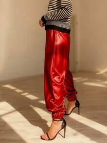 Metallic Cargo Pants With Pocket For Girls Hip Hop Glitter Pants Y2k Dancing Shiny Pants Streetwear Back School - 紅色 - 查看 3