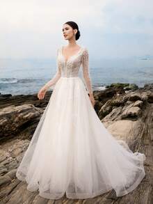 HEARBOBO Double V-Neck Luxurious&Graceful Beaded Sequin Long Sleeve Backless Mesh A-Line Wedding Dress Bridal With Train - White - View 4