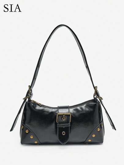 1pc Women's Vintage Melade Angola Red Distressed Leather Leopard Print Motorcycle Bag With Rivet & Buckle Decor, Shoulder/Underarm/Baguette/Square Bag Suitable For Work, Commute, Date, Party