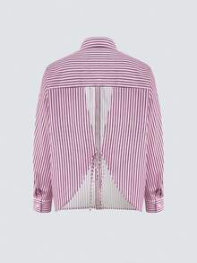 新款时尚优雅条纹领纽扣前襟镂空系带休闲衬衫，适合度假、日常、办公、旅行等场合。 - 粉色 - 查看 7