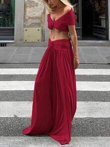Women Solid Ruched Knot Off Shoulder Corp Top And Knot Ruched Long Skirt Two Pieces Set Female Skinny Sexy Vacation Evening Club Prom Outfit