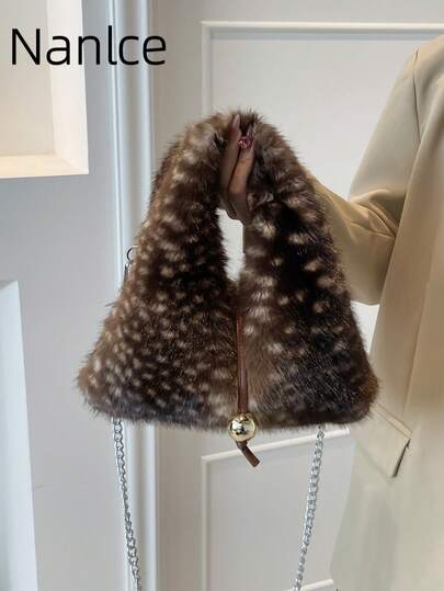 1pc Women's Leopard & Deer Y2K Retro Faux Fur Oversized Shoulder/Crossbody Bag, Thick & Spacious, Suitable For Vacation, Outings, Autumn/Winter