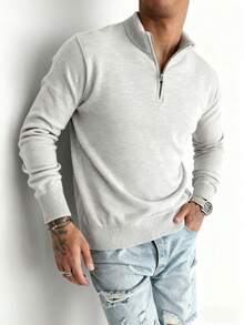 1 件男士休闲长袖半拉链套头毛衣，适合日常穿着 - 淺灰色 - 查看 2