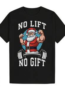 Men's Santa Claus Weightlifting T-Shirt - NO LIFT NO GIFT Gym & Christmas Slogan, Black Round Neck Short Sleeve Tee For Bodybuilding, Casual Wear, Holiday Party Outfit ( Flexing Santa Design) - Black - View 2