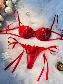 Women's Red Classic Sexy Floral Embroidered Satin Ribbon Lace-Up Lingerie Set For Valentine's Day – Christmas Holiday Special Edition, Perfect As A Festive Gift - Đỏ - Xem 2