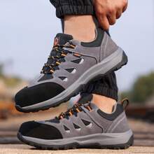 Lanoudun 专业保暖防滑安全鞋，欧盟标准玻璃纤维鞋头，轻便防压保暖，拼接时尚麂皮舒适柔软，坚固耐磨防滑外底，男士时尚灰色工作功能鞋 - 灰色 - 查看 3