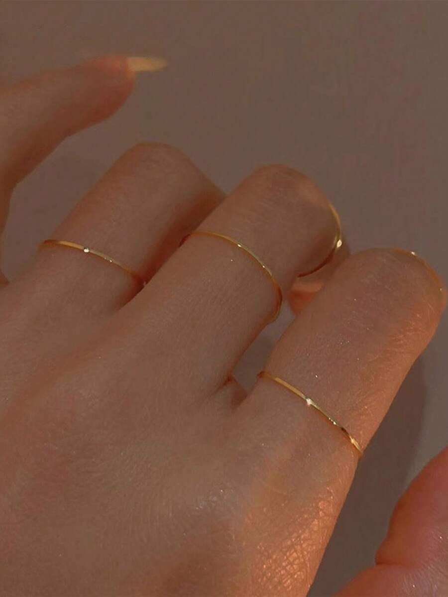 Five-Piece Set Of Steel-Tone Minimalist Stainless Steel Plain Stackable Rings - Stacking Circle Knuckle Rings For Women - Yellow Gold - View 1