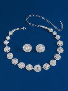 3pcs Luxury Wedding Party Women's Outfit, Featuring Sequin & Rhinestone Jewelry Decor, Fashionable Sparkling Necklace, Choker & Earrings Set, Ballgown Jewelry Accessories - Silver - View 3