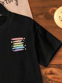 女童休闲标语印花短袖T恤，夏季 - 黑色 - 查看 4