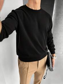 GRDR Men's Solid Color Casual Loose Fit Crew Neck Pullover Sweatshirt - Black - View 3