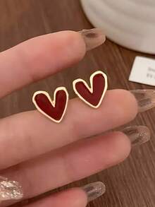 1對女士優雅紅色愛心耳釘，時尚簡約鋅合金設計，適合休閒穿著或送禮，日常佩戴，時尚設計，可愛耳環 - 愛心 - 查看 3