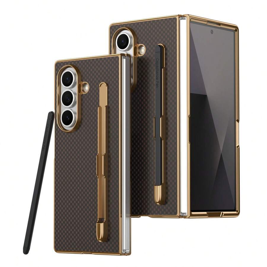 VIETAO Electroplated Design Built-In Pen Phone Case, Compatible With Samsung Galaxy Z Fold 7 6 5 4, Carbon Fiber Texture Phone Case - Brown - View 1
