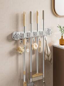 Suction Cup Mop Holder Wall-Mounted Clip Bathroom No-Drill Mop Rack Broom & Cloth Storage Hook Adhesive Mounting Shelf