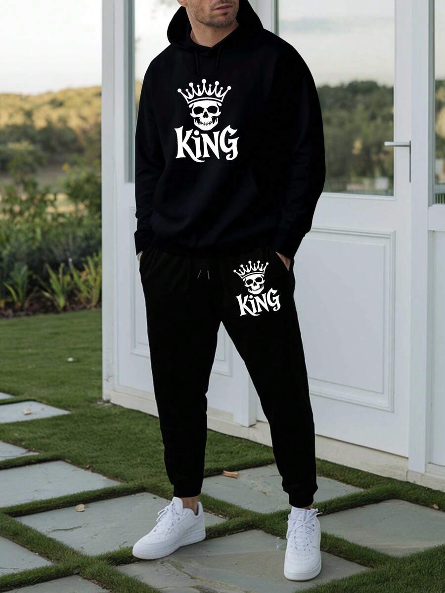 Skeleton King Mens Black Warm Sweatsuit Hoodie And Pants Set 2 Piece Tracksuit Fleece Lined For Relaxed Street And Sports Look - 黑色1 - 查看 1