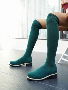 Chunky Heel Tall Retro Over-The-Knee Boots For Women, Fashion Round Toe Chunky Mid-Heel Boots