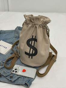 1 Piece Drawstring Waistband Printed Men's Small Crossbody Bag, Stylish Casual Canvas Tote, Simple And Versatile Bucket Bag, Suitable For Daily Outings, Work, Shopping, Outdoor Travel, And Multi-Scenario Use. Beach Bag