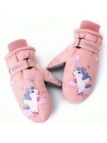 1 双儿童独角兽卡通图案抓绒防水保暖滑雪手套，幼儿全指连指手套，适合户外冬季运动 - 獨角獸 - 查看 1