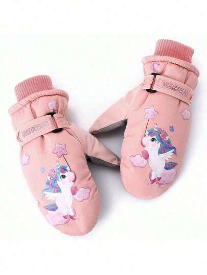 1 par barn enhörningsmönster fleece vattentäta varma skidhandskar, småbarn helfingervantar för utomhus vintersport