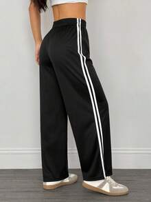 YZMJAFU 1pc Spring & Autumn Outdoor Sports Pants, Elastic Waistband, Dual White Side Stripe Design, Wide Leg, Loose Fit, Suitable For Walking And Outdoor Activities - Black - View 2