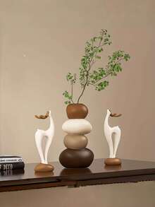 1pc Vase / A Pair Of Deer Ornaments, Modern Wabi-Sabi Style Home Decor (Stacked Stone Vase + Abstract Deer), Earth-Toned Minimalist Design - Geometric Vase-Themed Decoration. The Vase Is Not For Holding Water And Is Only Intended For Decorative Artificial Flowers. - Multicolor - View 9