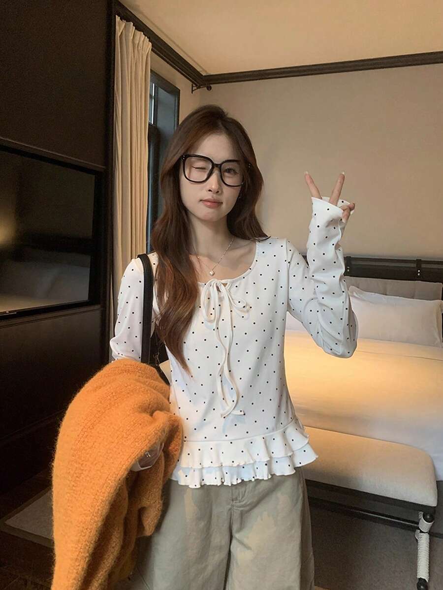 手工波点荷叶边长袖T恤女款，系带蝴蝶结秋冬休闲打底衫 - 白色 - 查看 1
