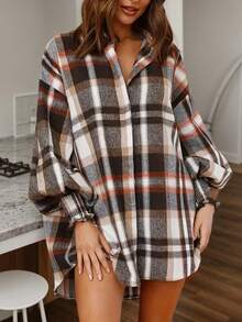 Plus Size Women Elegant Shirt Jacket - Button Front Plaid Lantern Sleeve Loose Version - Office Casual Top, Checkered Pattern Blouse Spring - Multicolor - View 3