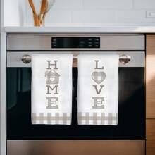MEMNUN 2条装灰褐色格子“LOVE HOME”印花厨房毛巾，尺寸15.75*23.62英寸（40*60厘米），超柔软吸水超细纤维材质，可作餐巾、手巾、洗碗布、家居装饰、厨房装饰、烹饪烘焙清洁巾、厨房配件，可机洗，适用于餐厅、厨房、日常装饰和礼品，四季皆宜。