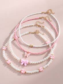 Juego de 4 piezas/Set de collares para niñas con perlas y flores rosas, collar gargantilla delgado con lazo dulce y corazón, cadena versátil para decoración diaria - Multicolor - Ver 12