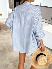 Plus Size Women Blue & White Striped Lapel Shirt, Casual Summer Loose Fit Batwing Sleeve Mid-Length Top - Blue - View 2