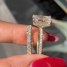 2Pcs Luxury Women's Fashion 18K Gold Plated Zirconia Wedding Ring Set Wedding Band Engagement Party Birthday Anniversary Christmas Gifts For Women Girlfriend Fine Jewelry - 金色 - 查看 4