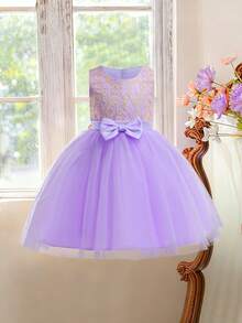 2件套少女蕾丝刺绣蝴蝶结薄纱优雅生日派对礼服套装，适合毕业典礼、正式场合，不含头饰 - 彩色 - 查看 5