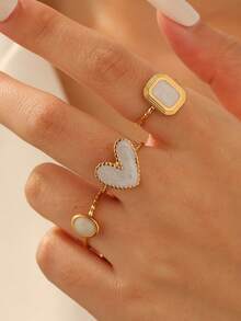 3pcs/Set Fashionable & Elegant Delicate Gold-Plated Stainless Steel Heart & Geometric Open Adjustable Rings, Suitable For Women's Daily, Party, And Date Wear