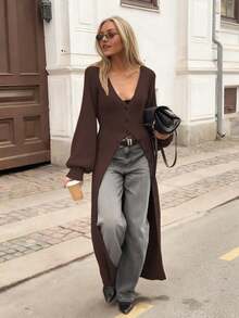 Senya Women's Solid Color Deep V-Neck Lantern Sleeve Front Open Long Cardigan, Casual Daily Commute Knit Sweater Jacket, Autumn/Winter - Chocolate Brown - View 2